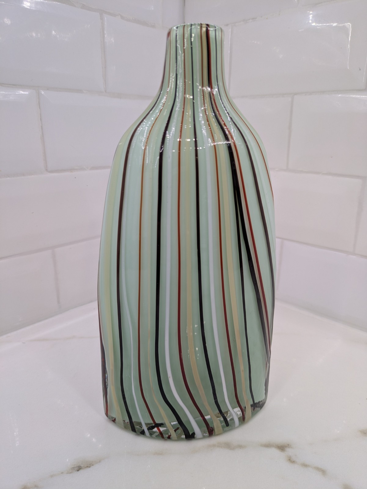 Green Cased Blown Art Glass Bottle Flat Vase Red White Black Applied Stripes 10″