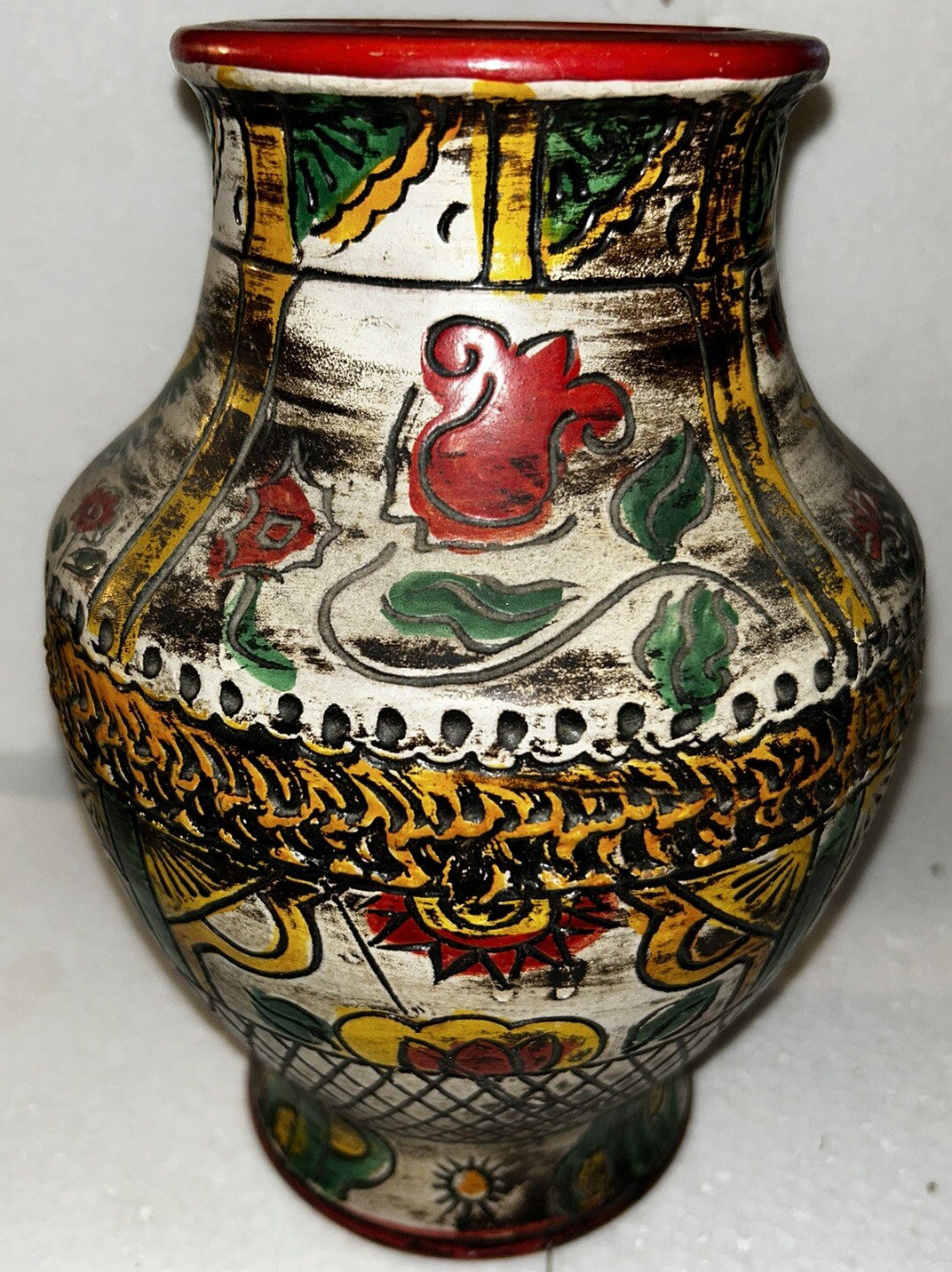 Vintage Made in Japan Bird and Floral Earthenware Vase. Pottery. Engraved Design