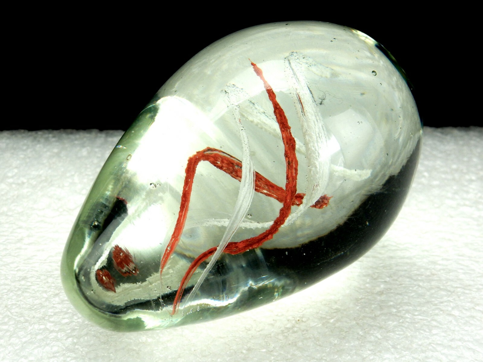 Glass Paperweight, Small Egg, 9 Oz, Red & White Spirals, Tiny Bubbles, #PW-11