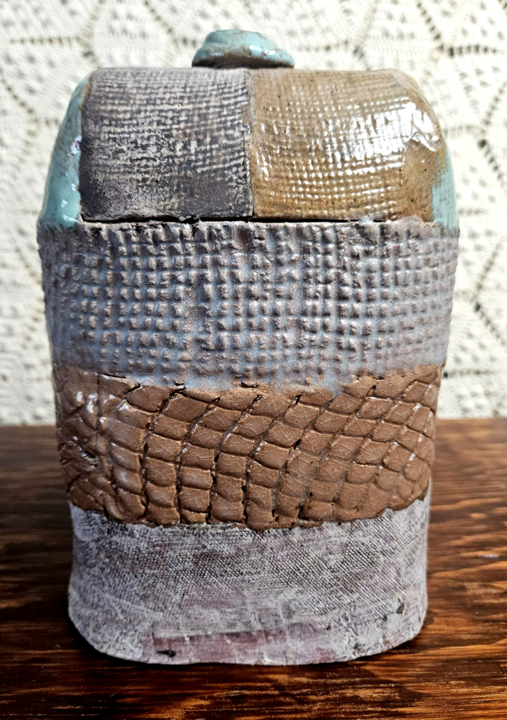 Patchwork Design Ceramic Flask Signed Studio Art Pottery W/Clay Cork Blue Brown