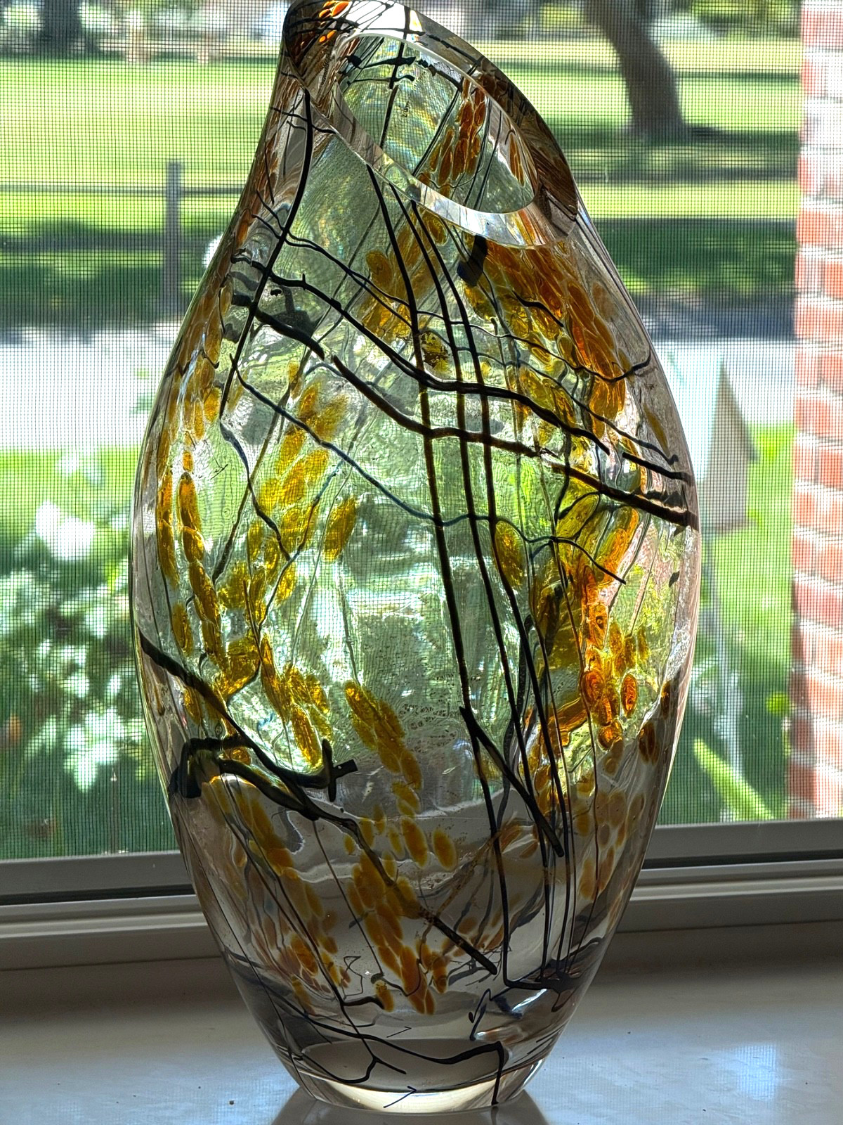 Tim Lazer Signed Studio Art Glass Vase 17″ Large Gold Black Dichroic Slash Cut