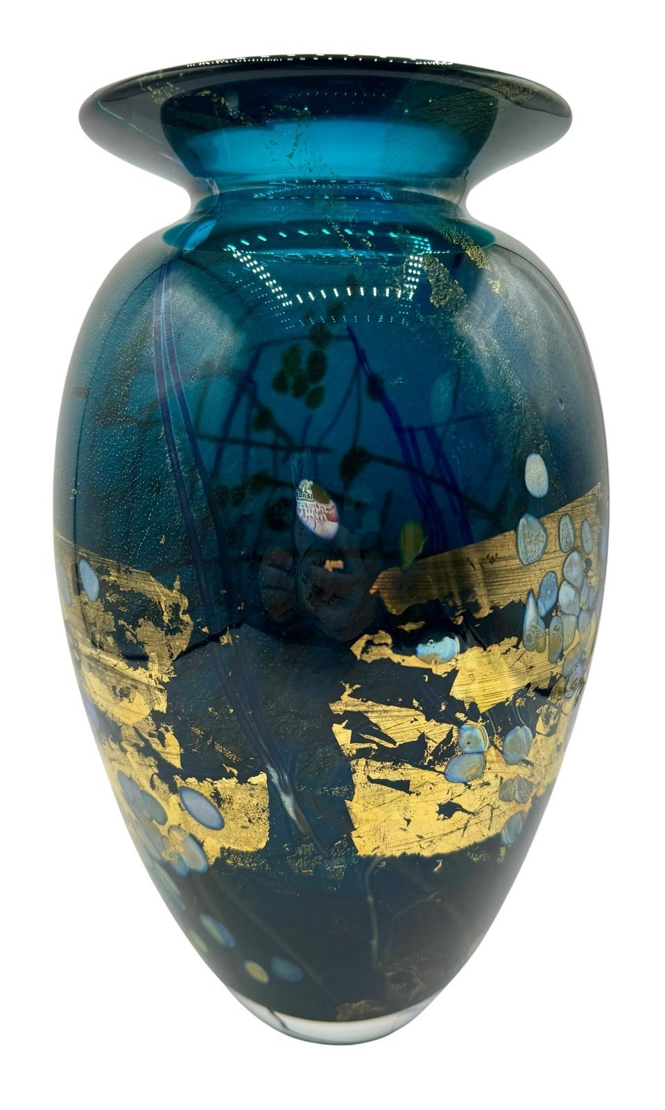 Signed Tim Lazer Art Glass Vase Gold Teal Aqua Blue Gold Black Luster 1994 9.25”