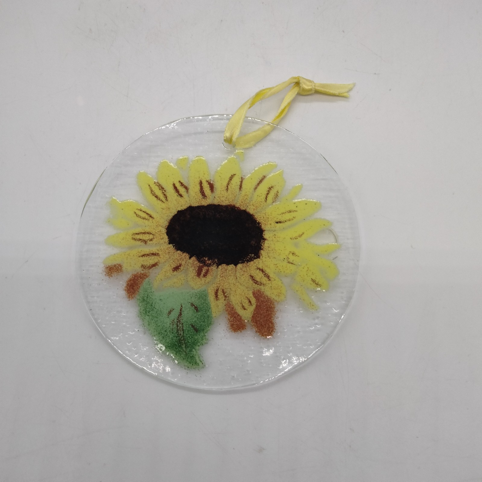 Fused Glass Suncatcher Yellow Sunflower Signed Folio 4″ Round