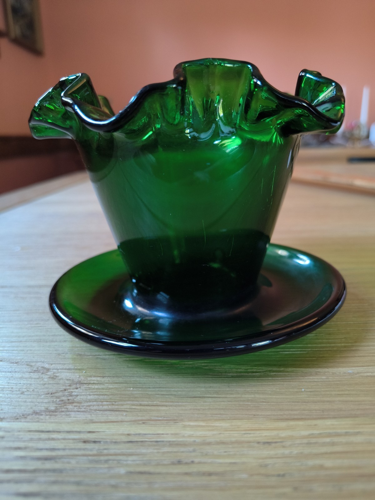 Vintage Fenton Forest Green Glass Ruffled Flower Pot Planter Attached Saucer
