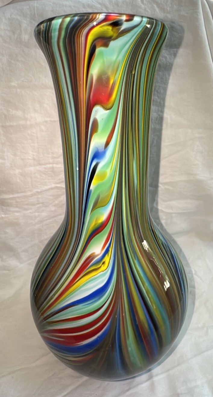 Multi-Colored Swirl Glass Vase Colorful Striped Filegrana Technique 13.5” Tall