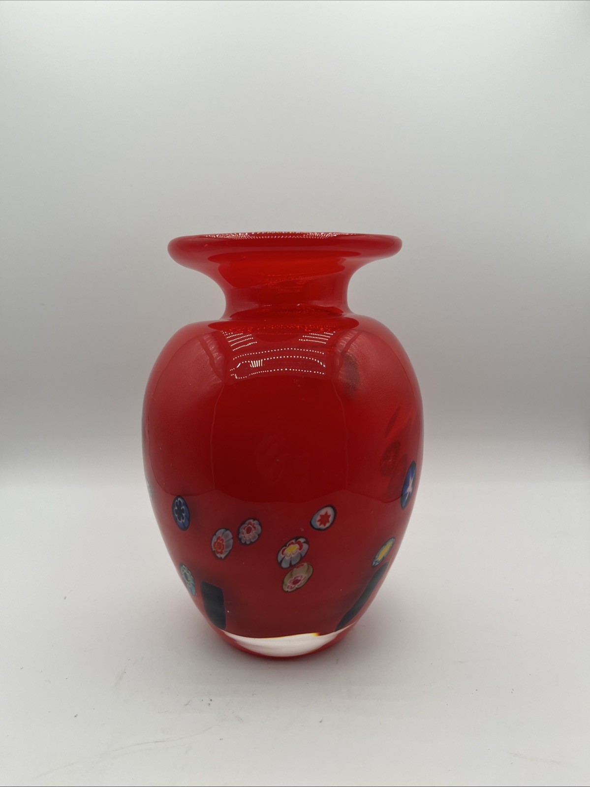 Red Multicolor Millefiori Art Glass Vase About 6.5” Tall