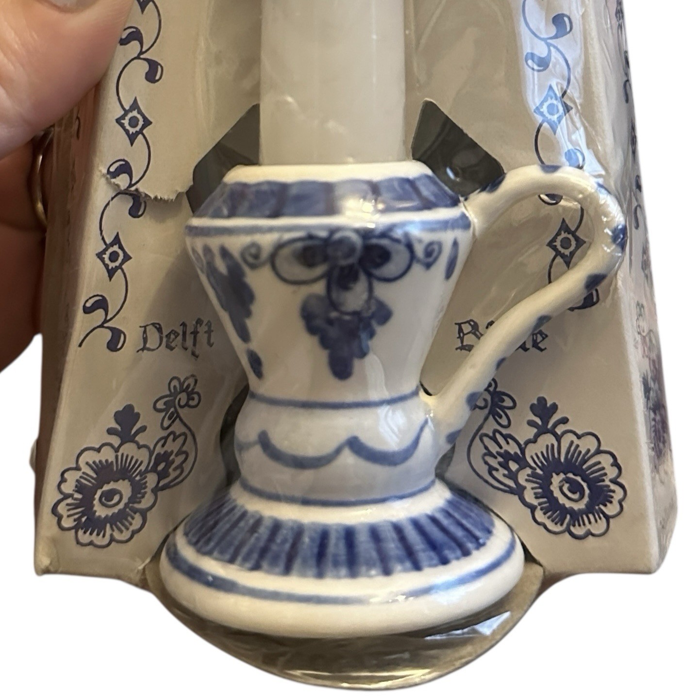 Vtg Delft Blue Floral Ceramic Candle & Holder Finger Loop Holland Nautical 12″