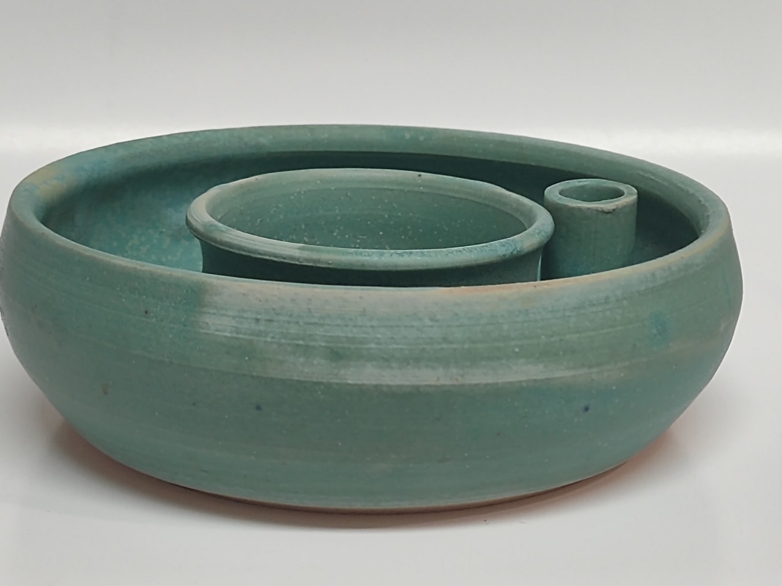 Green Ikebana Vase With 1 Tube, Hand-thrown, Signed, Pottery, 5.5″ Diameter, EUC