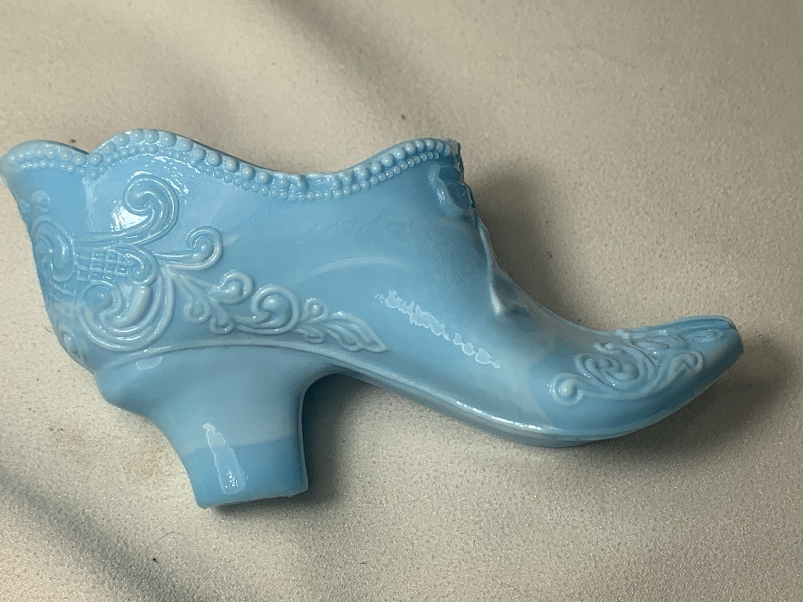 Vintage Mosser Light Blue Slag Glass Art High Heel Bow Slipper Shoe #87