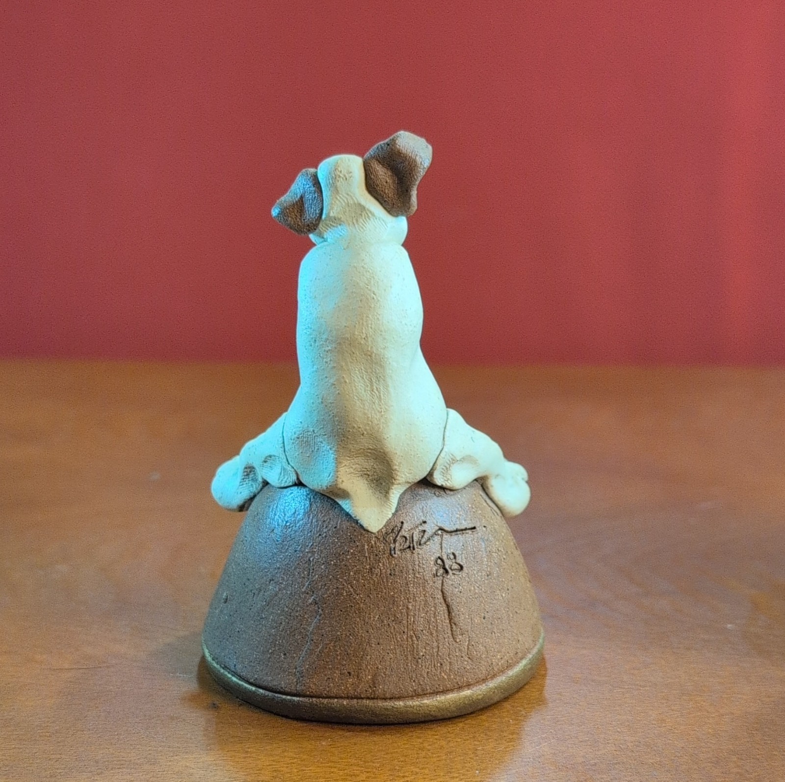 OOAK 1988 Art Pottery Bell Whimsical Dog Figurine Hand-Sculpted Clay, Signed
