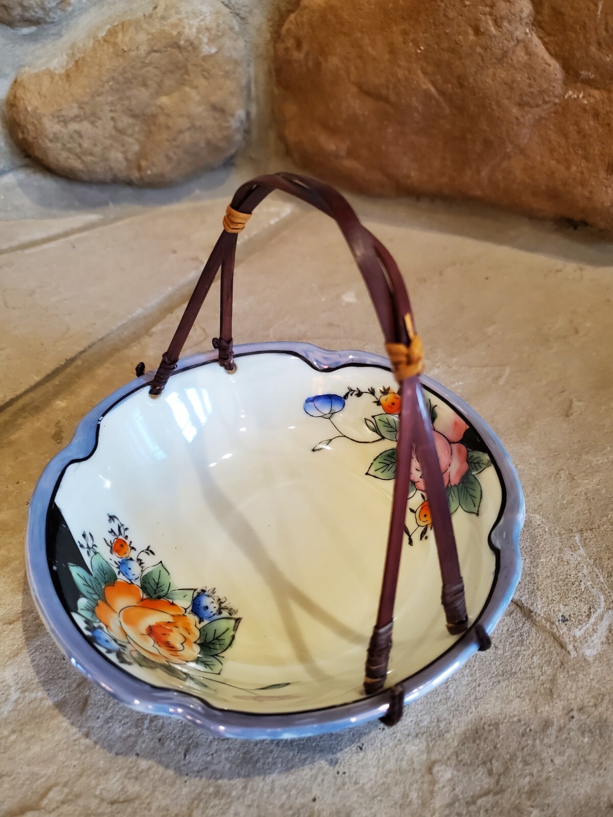 Vintage Ceramic Basket Made In Japan Fruit or Nut Bowl with Wicker Handle 6″ Dia