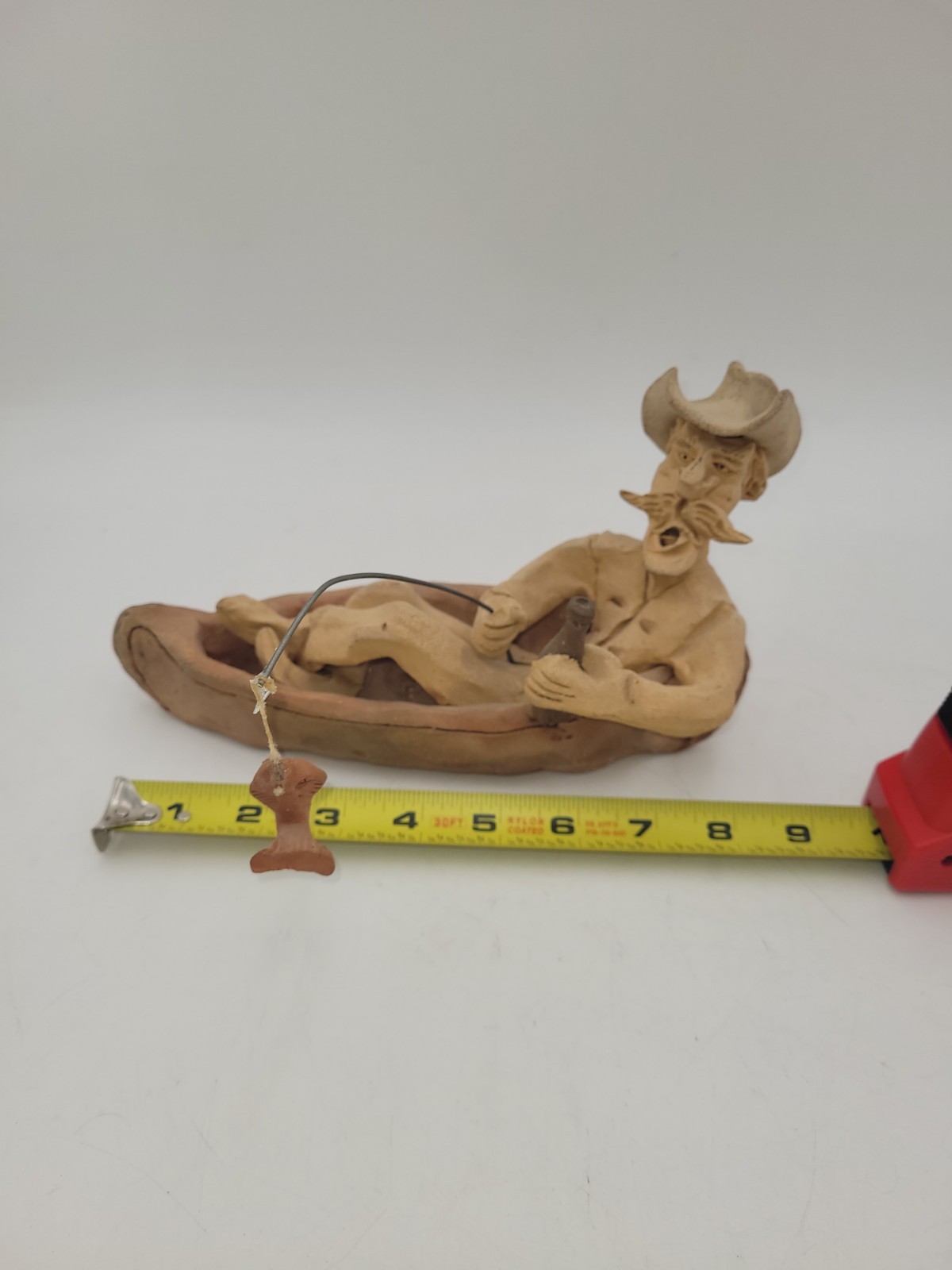 Vtg Signed Tom Schoolcraft Sculptures Canoe Fishing Cowboy 9″ Pottery Sedona