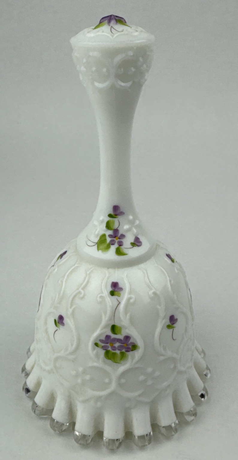 Fenton Silver Crest Violets in Snow on Spanish Lace Bell Artist Signed Vintage