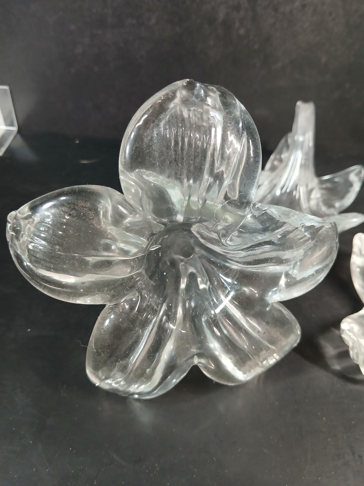 Vintage Clear Glass Flower Figurines Set of 3 Lily Orchid Art Glass Decor