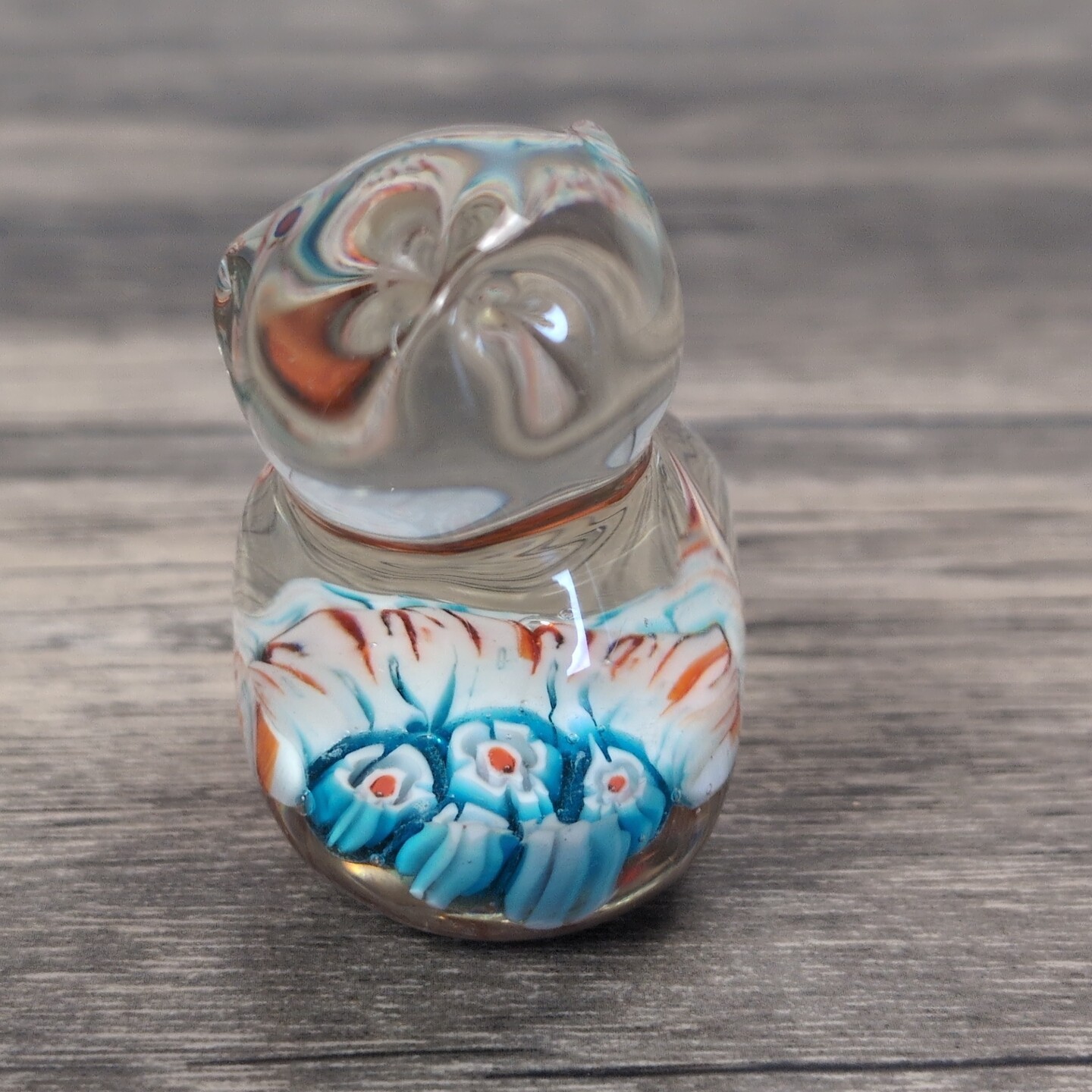 Hand Blown Art Glass Multi Color Animal Cat/Bear Paperweight Figurine 2″ Floral