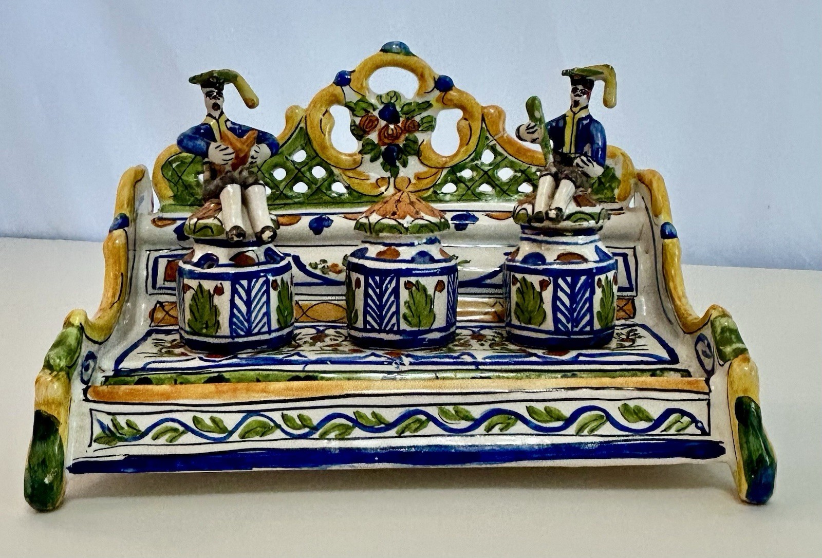 Spanish Manises Faience Figural Inkwell Set Renaissance Inkstand José Gimeno