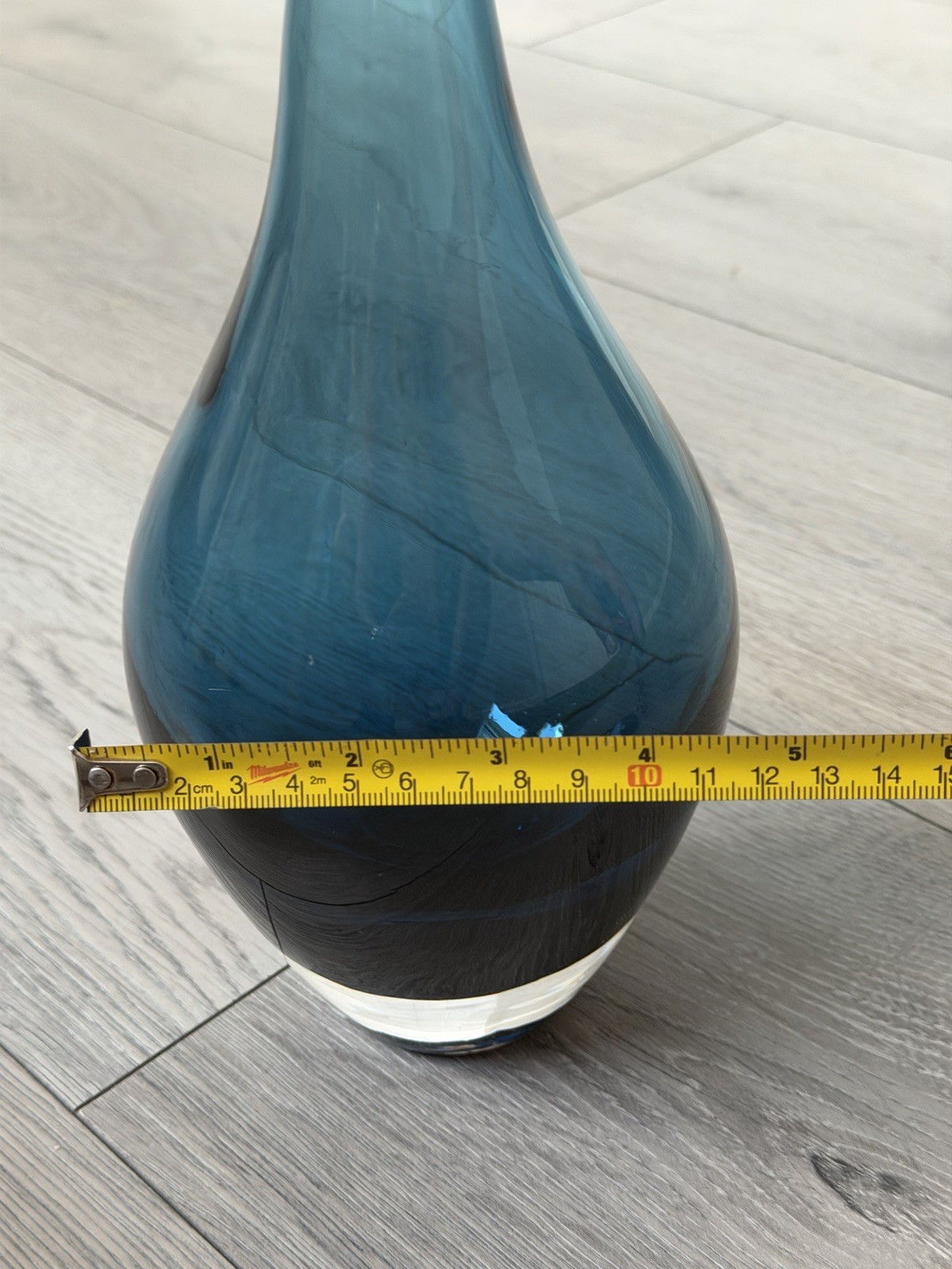 Vintage Teal Blue Art Glass Vase Hand Blown MCM Bottle Vase 12”