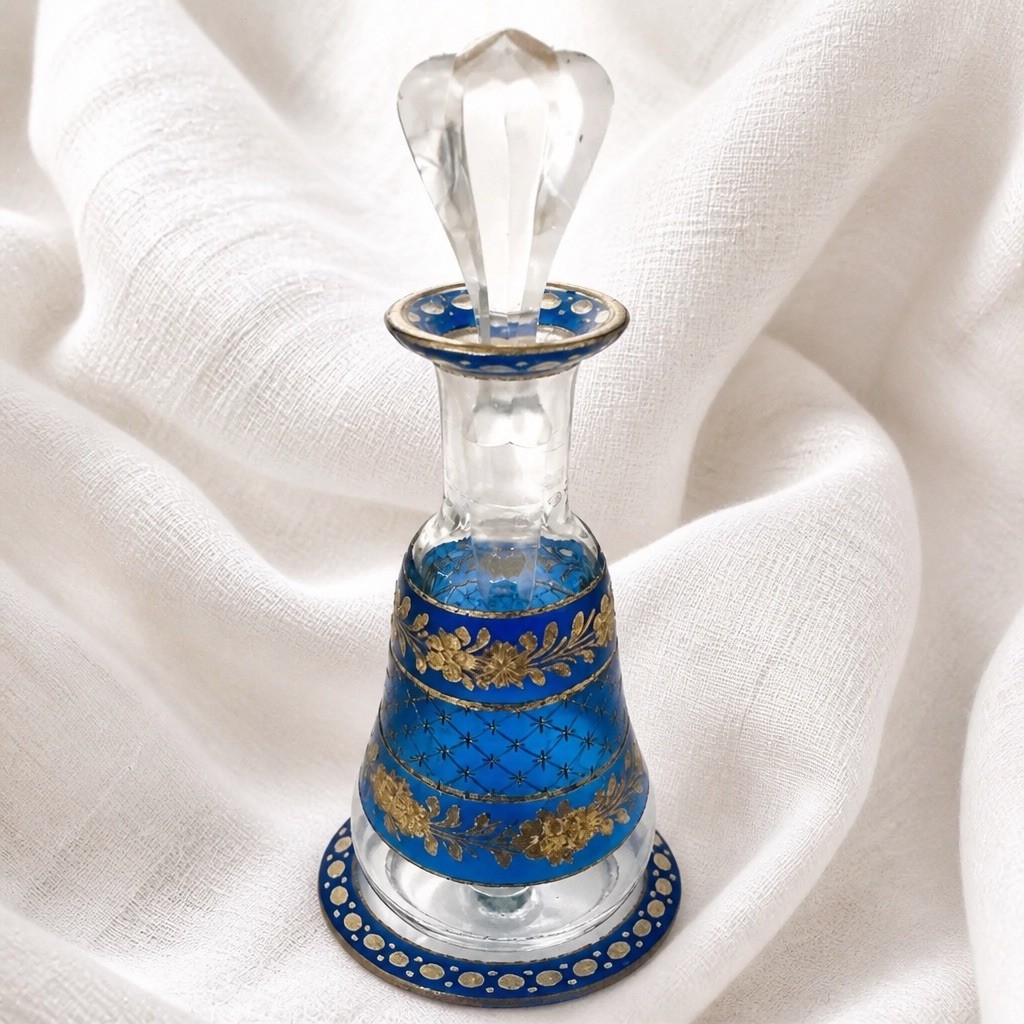Beautiful Vintage Cobalt, Blue Glass Perfume Decanter , Gold Enamel Floral Decor