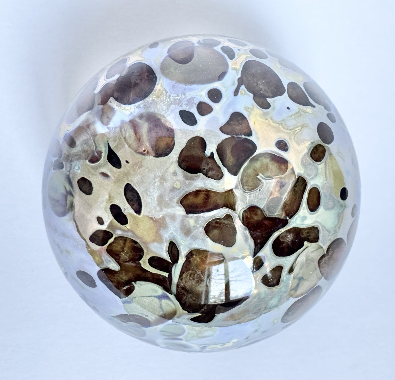 Vintage Iridescent Spotted Blown Art Glass Paperweight Signed Sharon Fujimoto