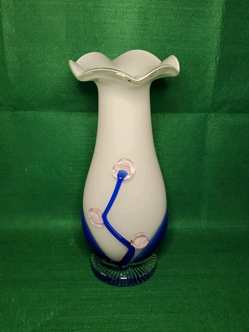 Vintage Murano Style Hand Blown Blue White Swirl Ruffled Rim Art Glass Vase 11”