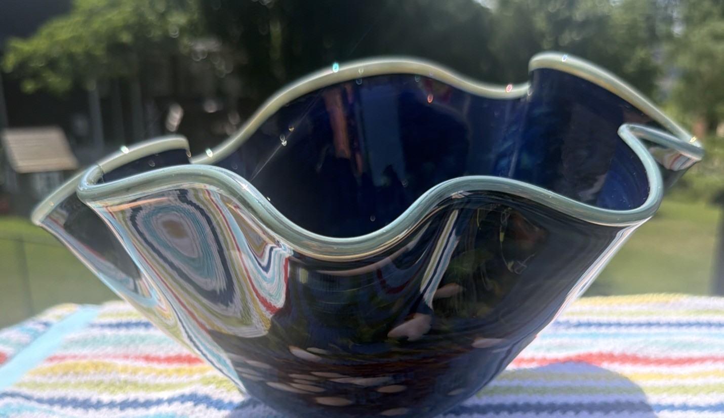 12” Large Possible Robert Eickholt Agate Glass Handkerchief Vase Bowl Ocean Blue