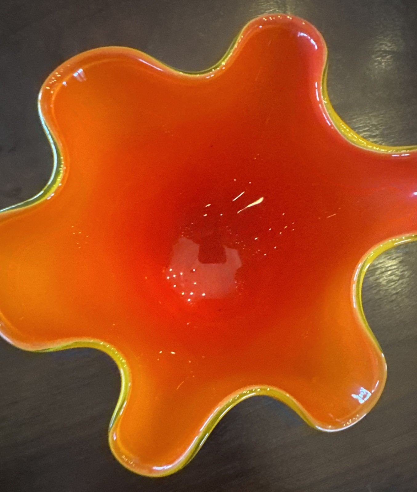 Yellow and orange blown glass handkerchief vase. 4.5 In Tall
