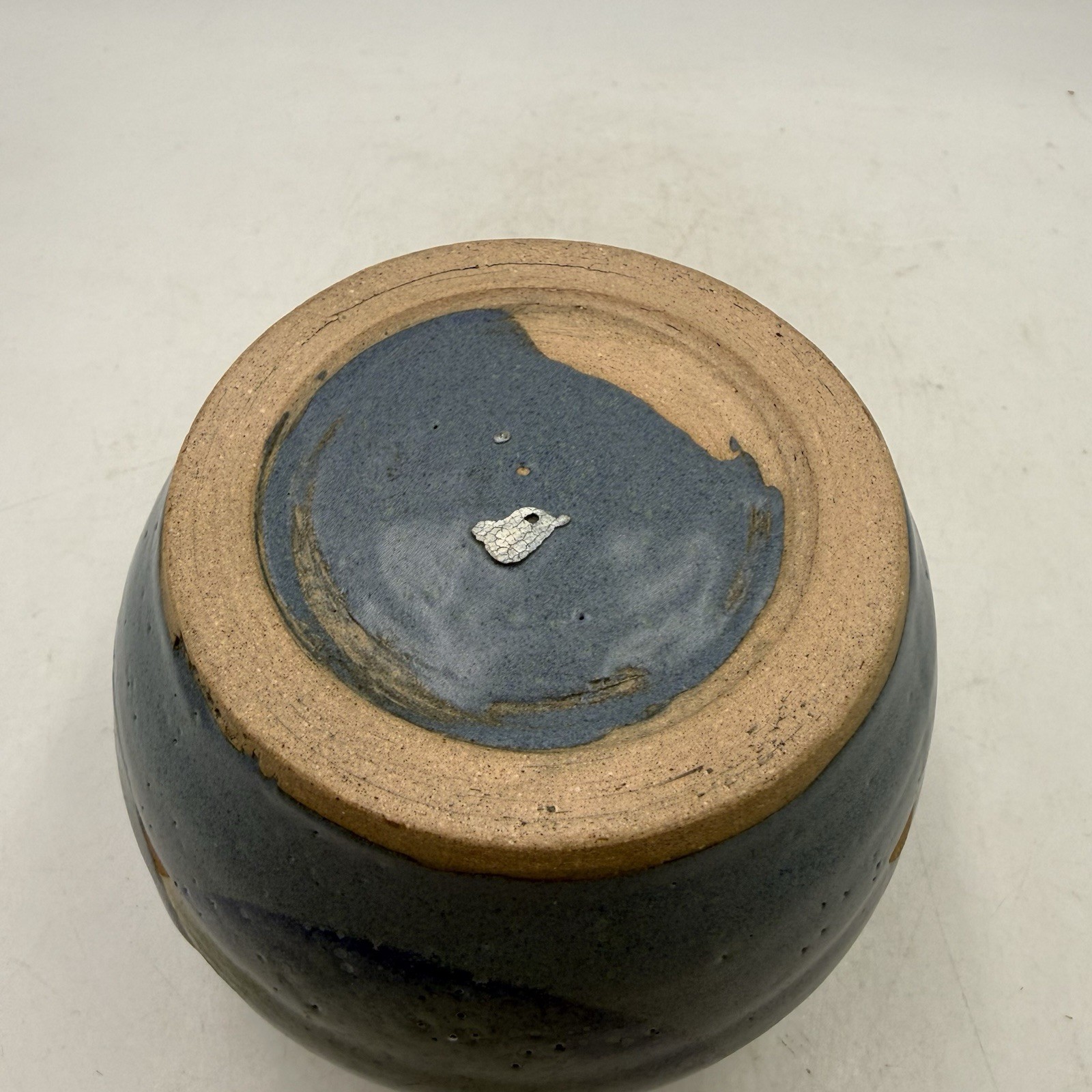Artist Signed Studio Art Pottery Round Ceramic Vase Blue Circle Pattern 4.25” T