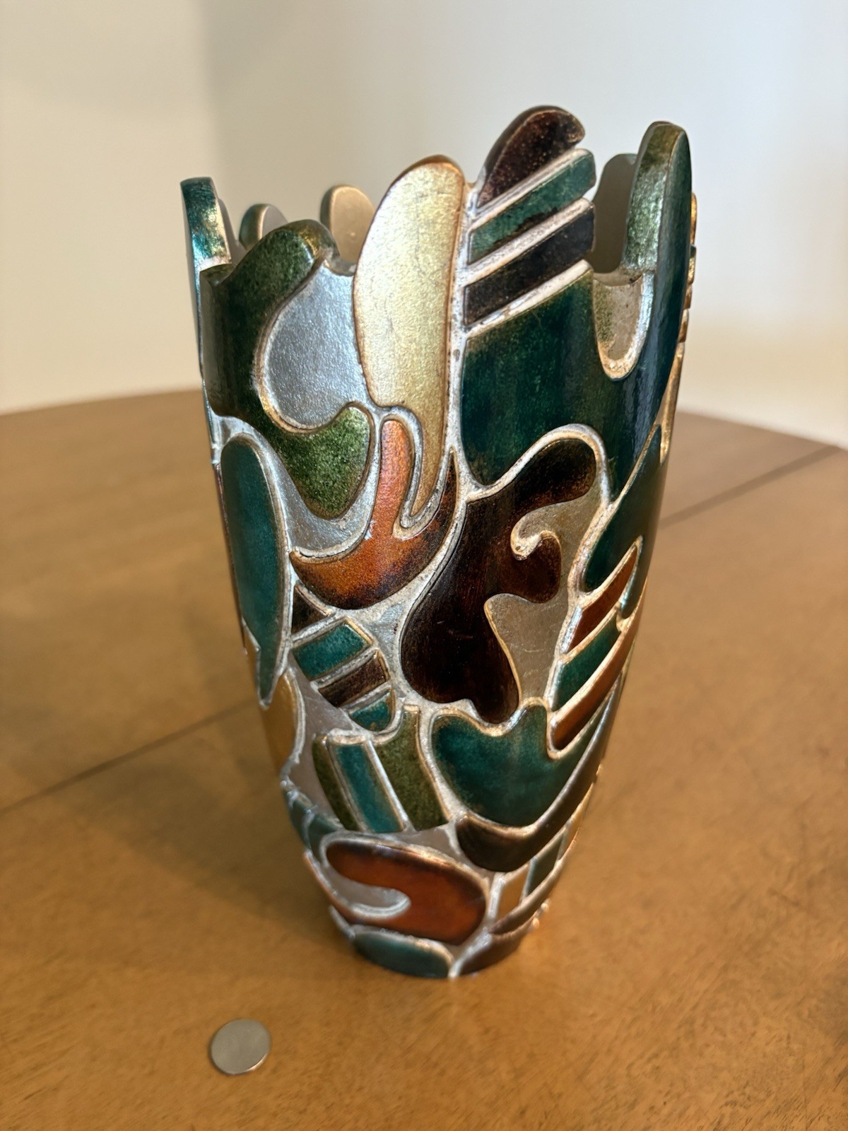 Mod Abstract Picassoesque Flower Vase Colorful Festival 9.75″ Metallic