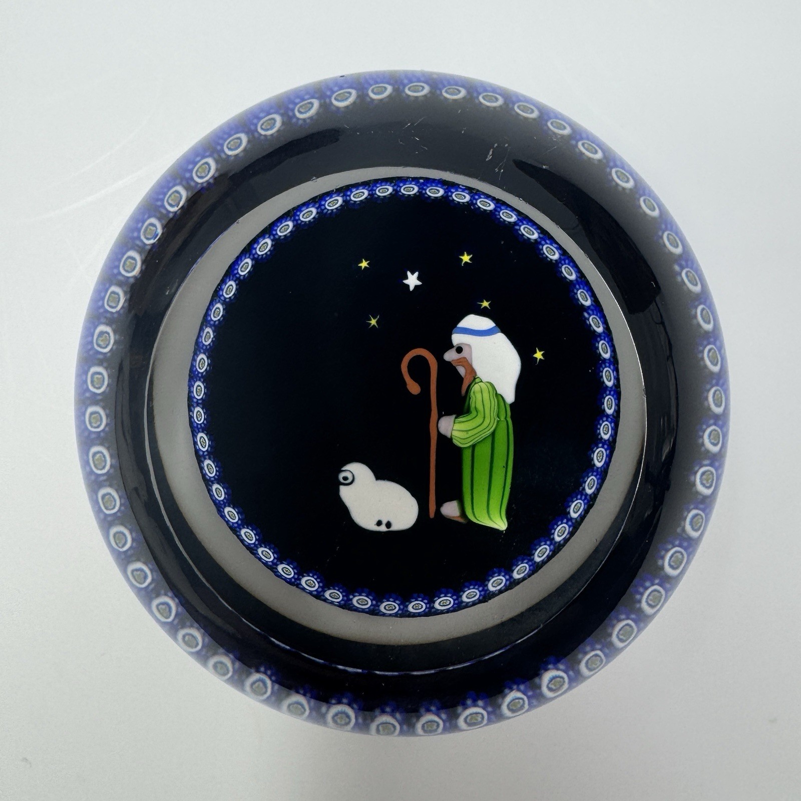 1982 Perthshire Art Glass Paperweight Christmas Shepherd & Lamb Faceted Signed P