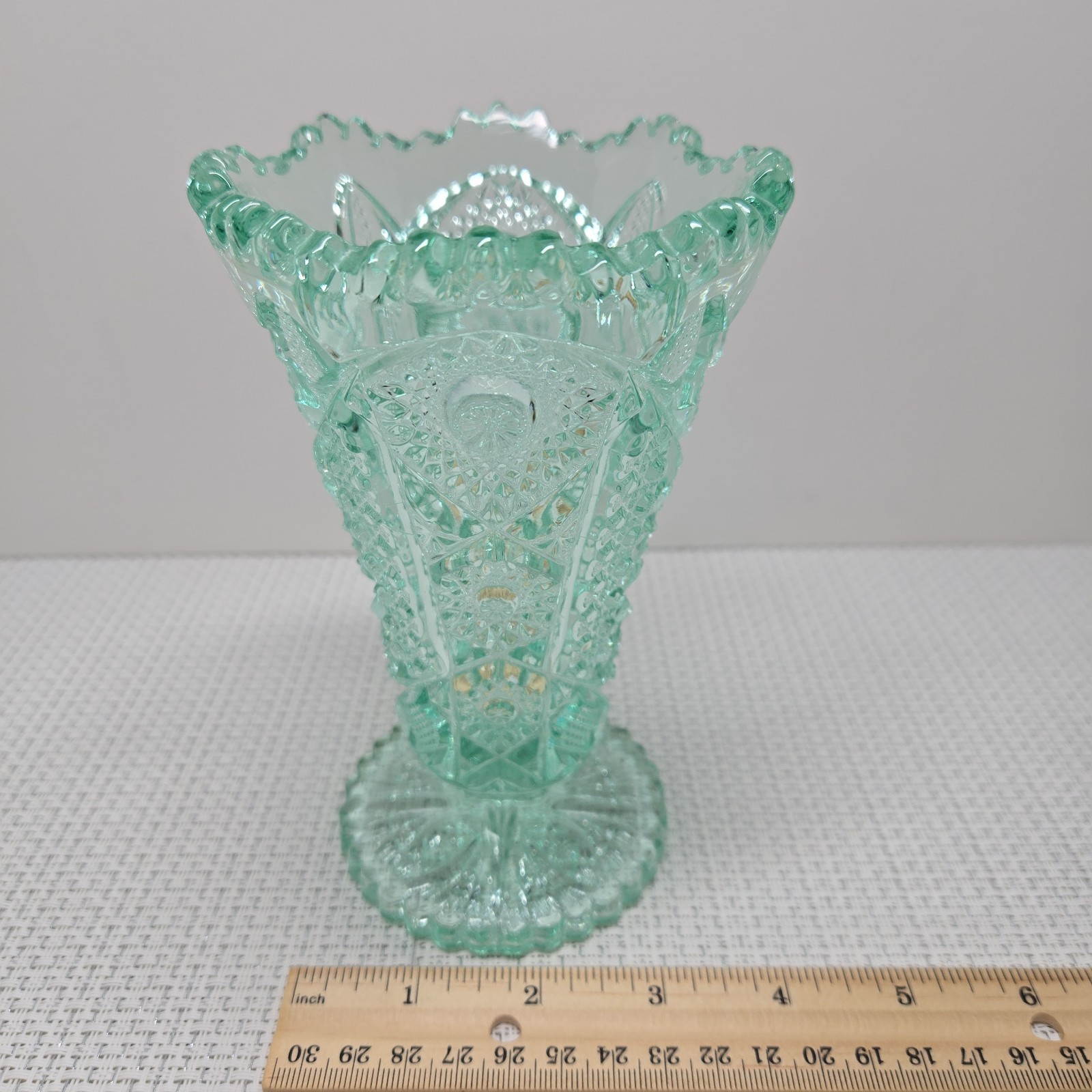 Vintage Imperial Glass Ohio #536 Hobstar Light Aqua Footed Trumpet Vase 6″ EUC