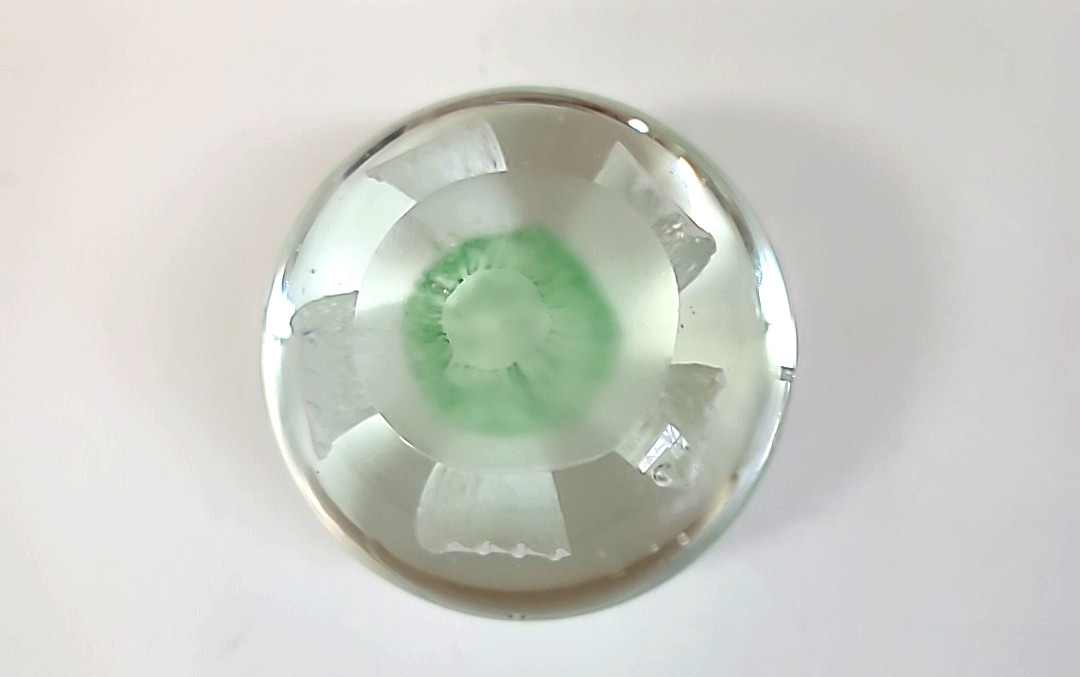 Hand Blown Art Glass Paperweight White Flower w/Controlled Bubble and Green