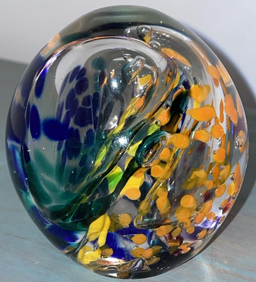 Jim Karg Studio Art Glass Paperweight Bubble Multicolor Swirl 2 3/4” Hand Blown