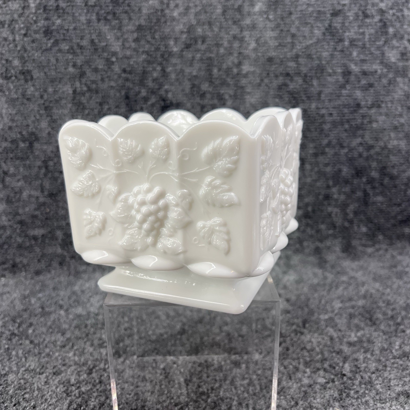 Vintage Westemoreland Paneled Grape 4 1/2″ Small Square Milk Glass Planter Vase