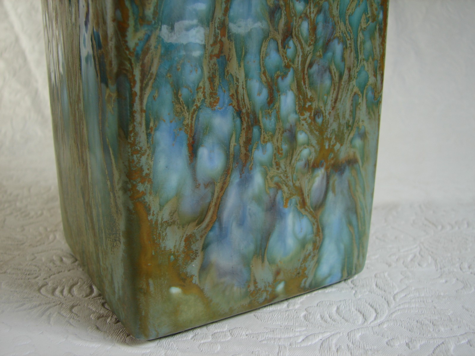 Vtg Monterey Jade Blue/Green Drip Glaze Square VASE, California Pottery MCM MJ3