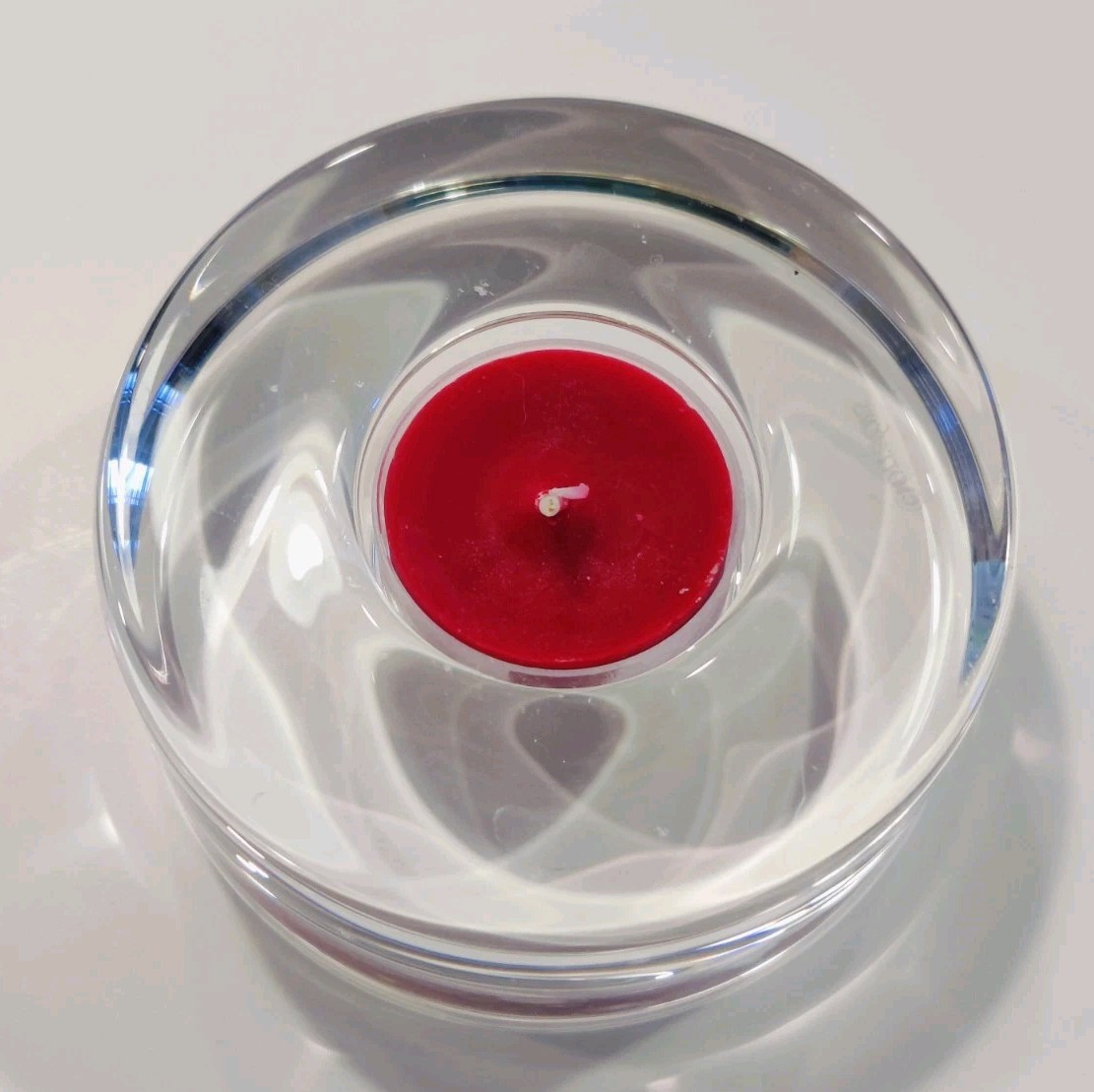 ORREFORS PUCK TEA LIGHT HOLDER ART GLASS SWEDEN VOTIVE 3.75″ DIAMETER 1.5″ TALL
