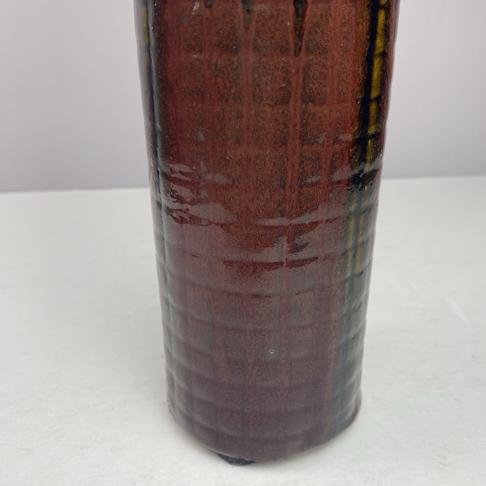 Tall Ribbed & Drip Glazed Vase – Oxblood Red and Black 13.5” READ