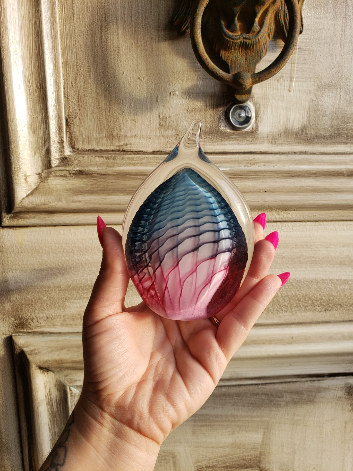 Art Glass Paperweight Tear Drop Flame 2004 Blue Pink Signed
