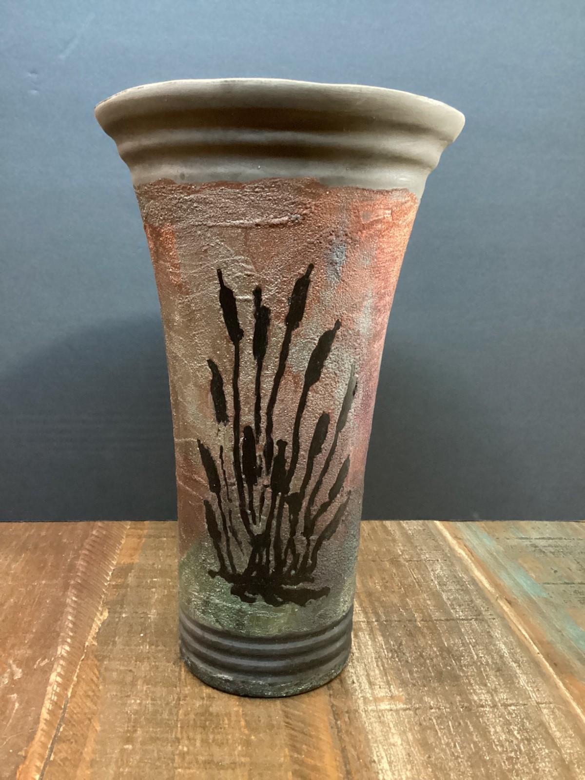 Handmade Raku Vase with Earthy Copper Iridescent Hues wheat design 10”