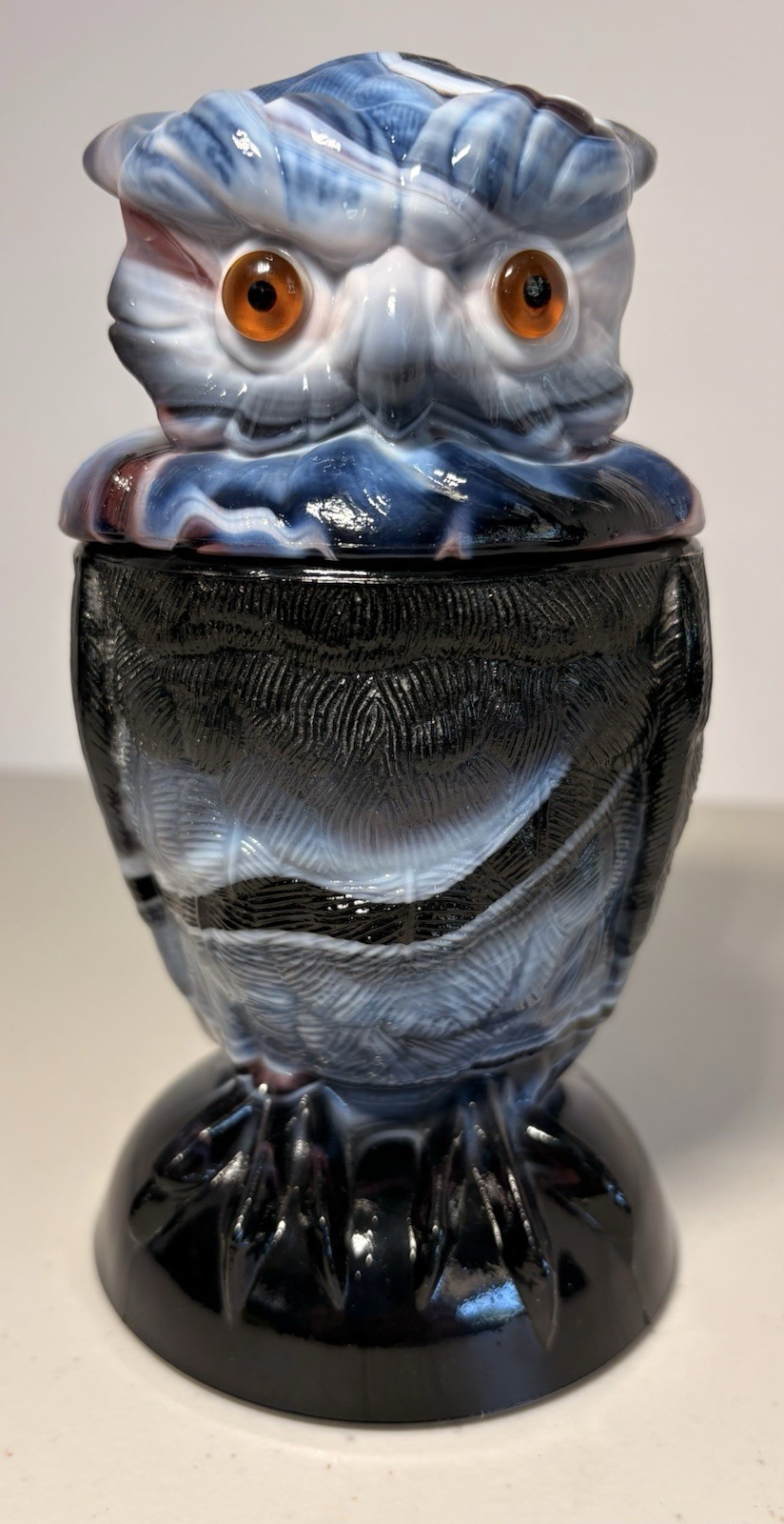 Vintage Imperial Purple Slag Glass Owl Covered Dish w/Labels