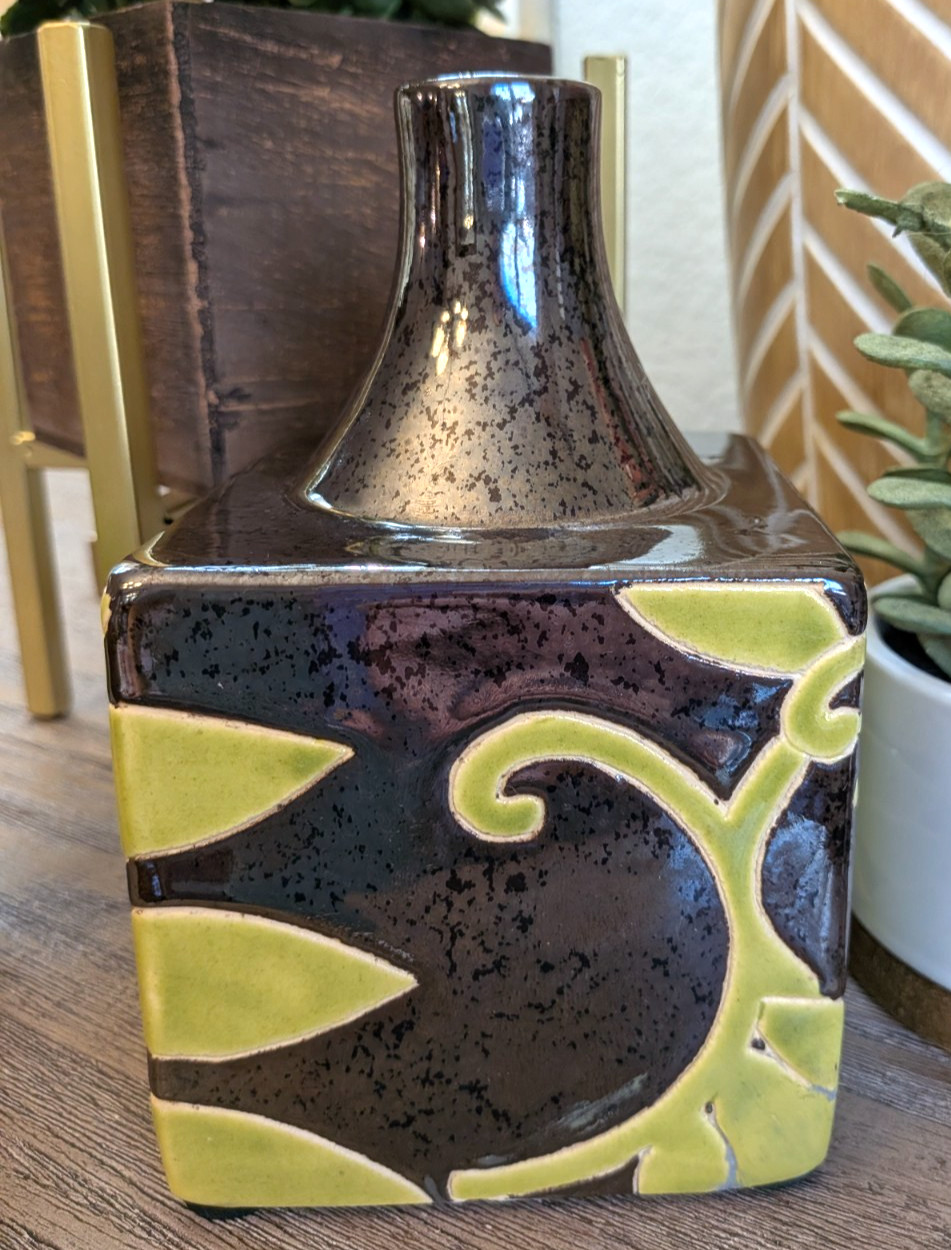 Handcrafted Vietnam Art Pottery Vase Brown Green Botanical MCM Decor 6″ Ceramic