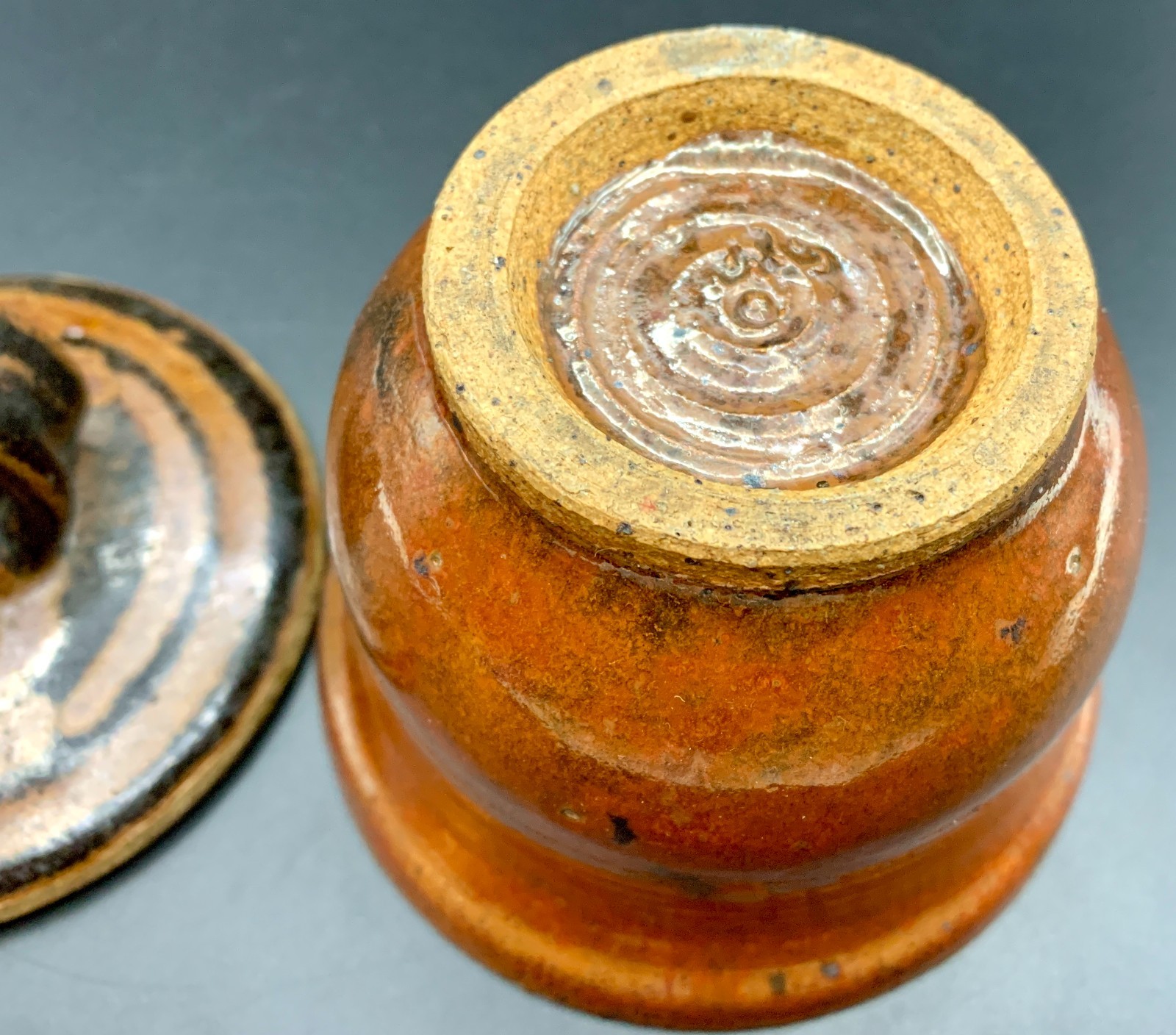 Redware Pottery Crock Trinket Box w/ Lid Small Glazed Artist Signed 4.5″ Tall