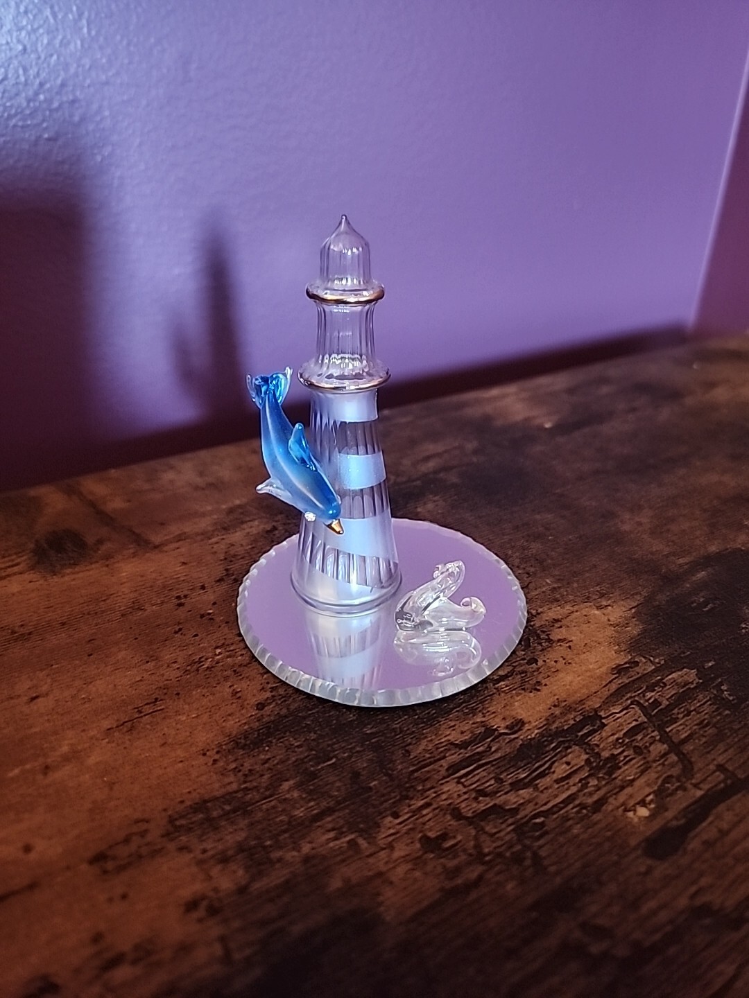 3″ Glass Lighthouse with Dolphin & Wave On Mirror | Blue & Gold Cute Gift Decor