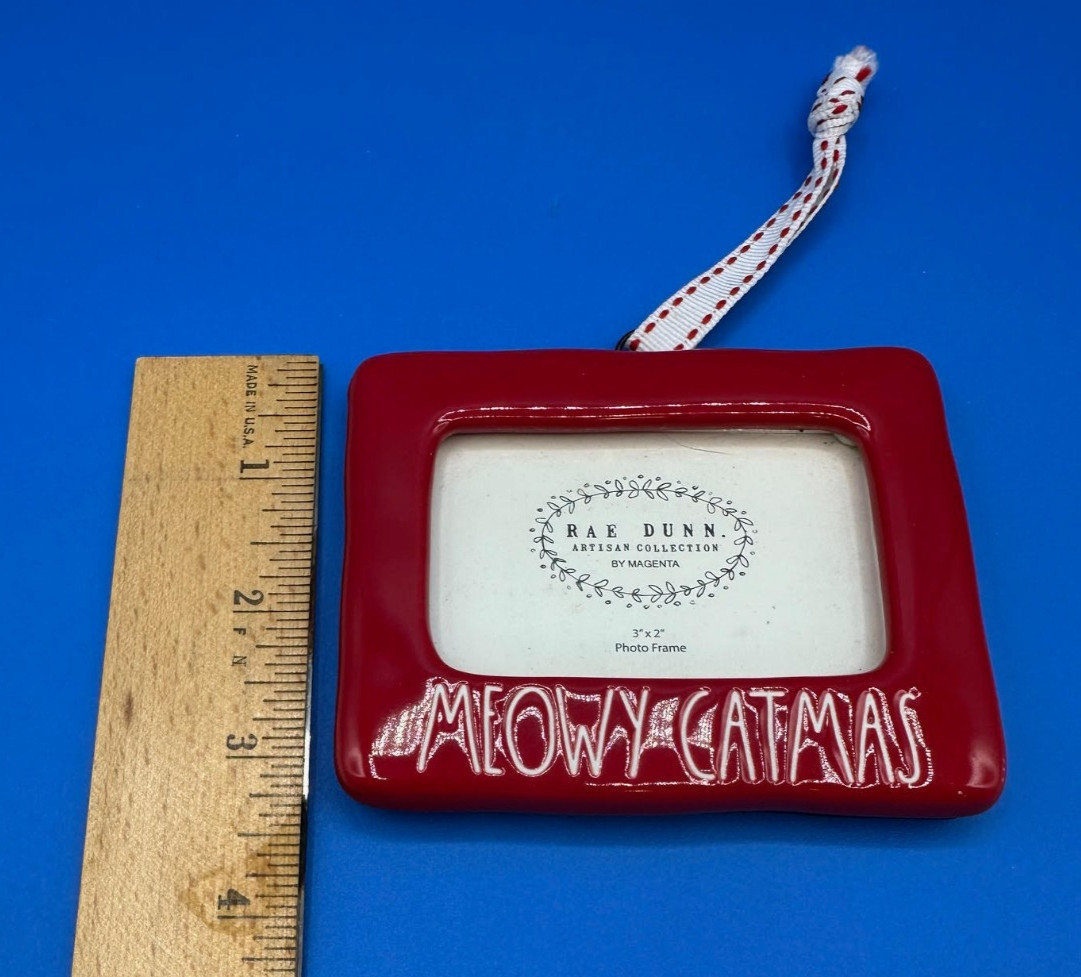 Rae Dunn Meowy Catmas 3″ x 2″ frame red ornament white letter artisan collection