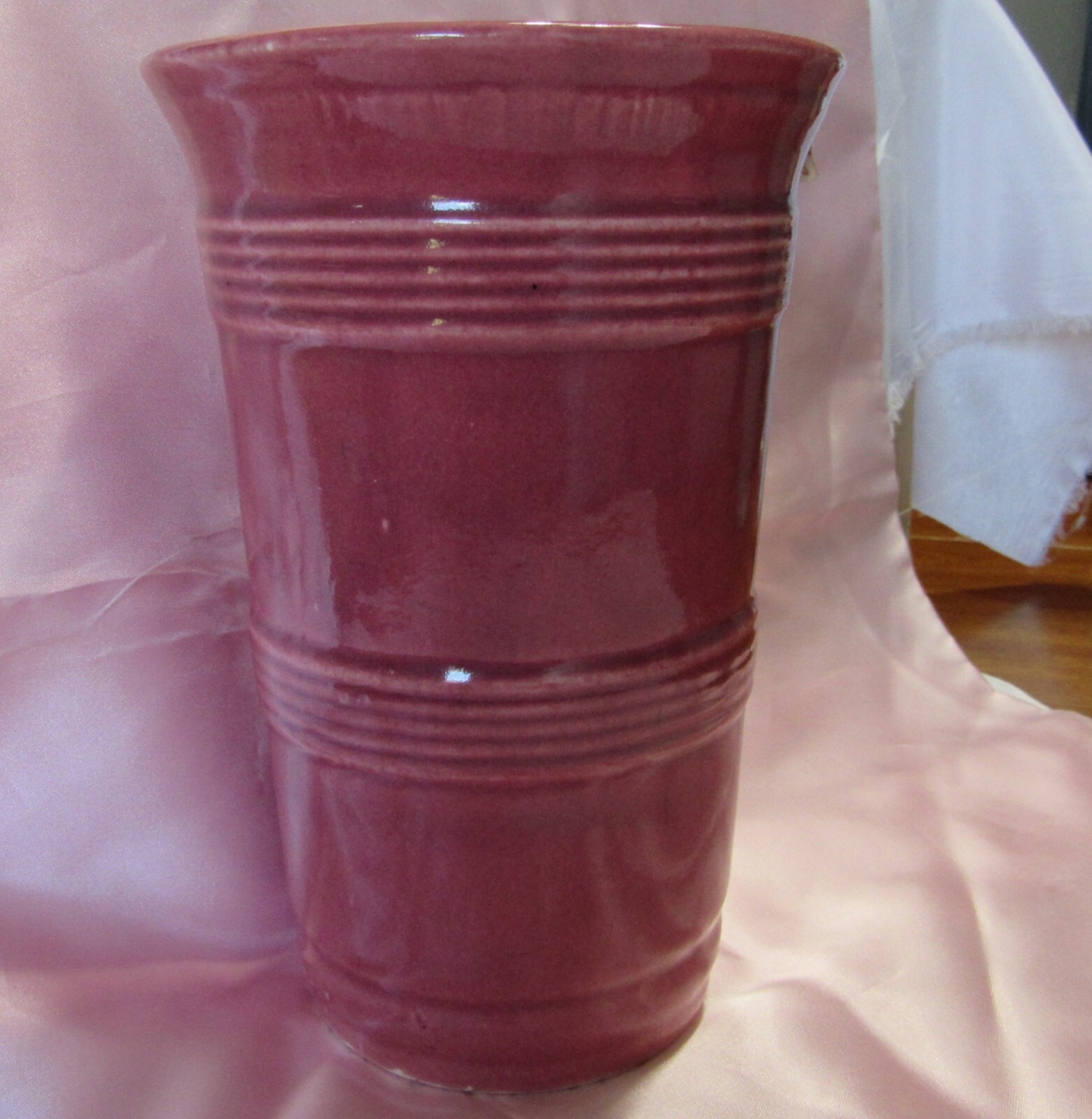 Art Deco Art Pottery 8 Inch Maroon Dusty Rose Banded Rib Vase A1870