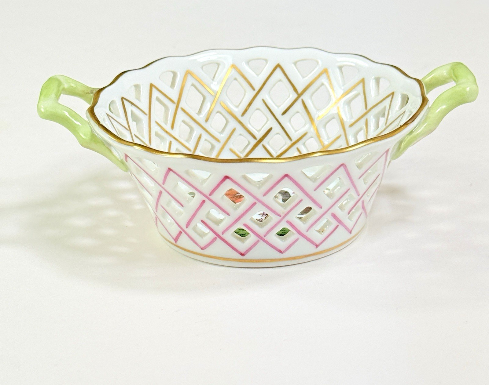 Herend Rothschild Bird Round Open Reticulated Small Basket With Handles 7413/RO