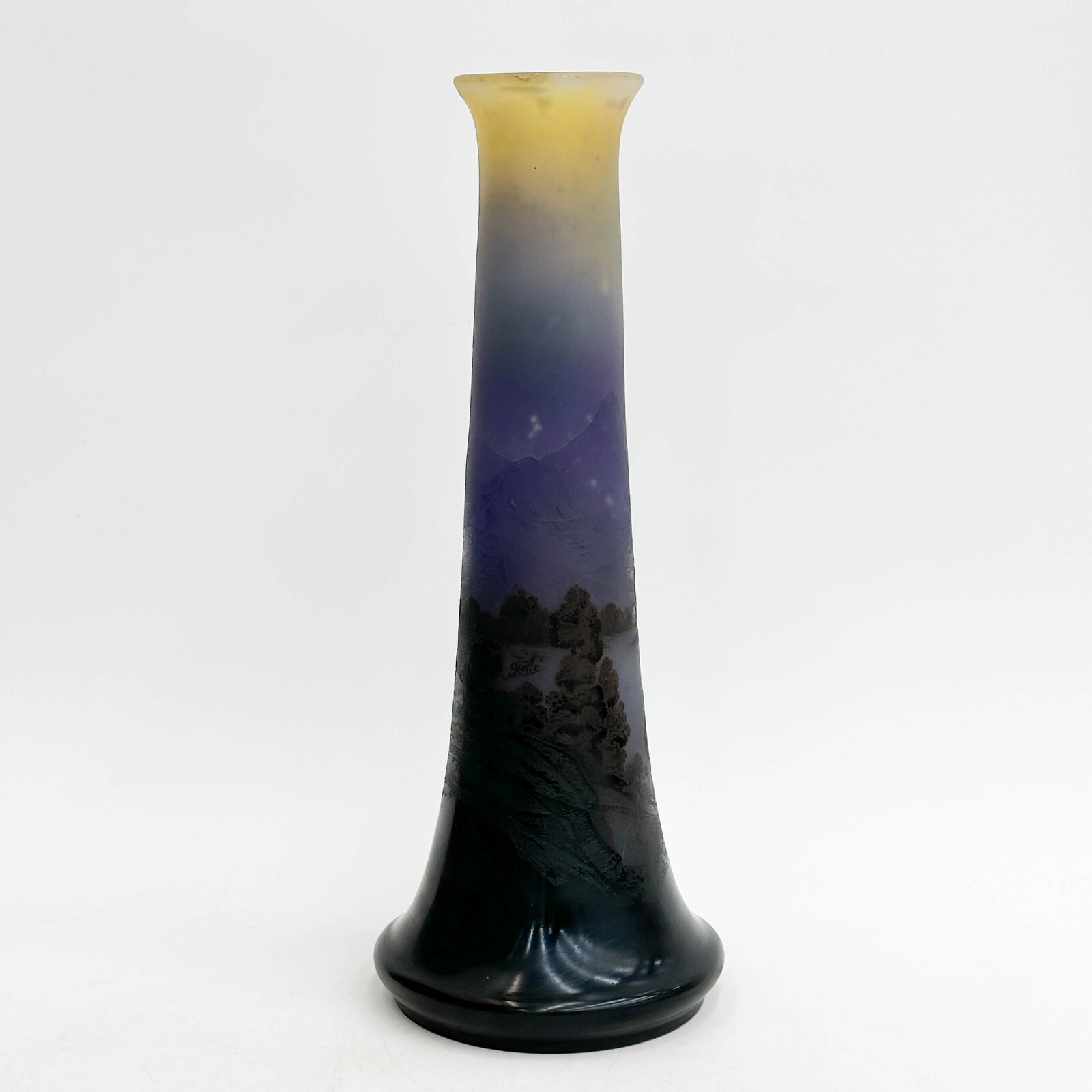 Emile Galle French Acid Etched Scenic Cameo Glass Vase circa 1880 cracked 18″