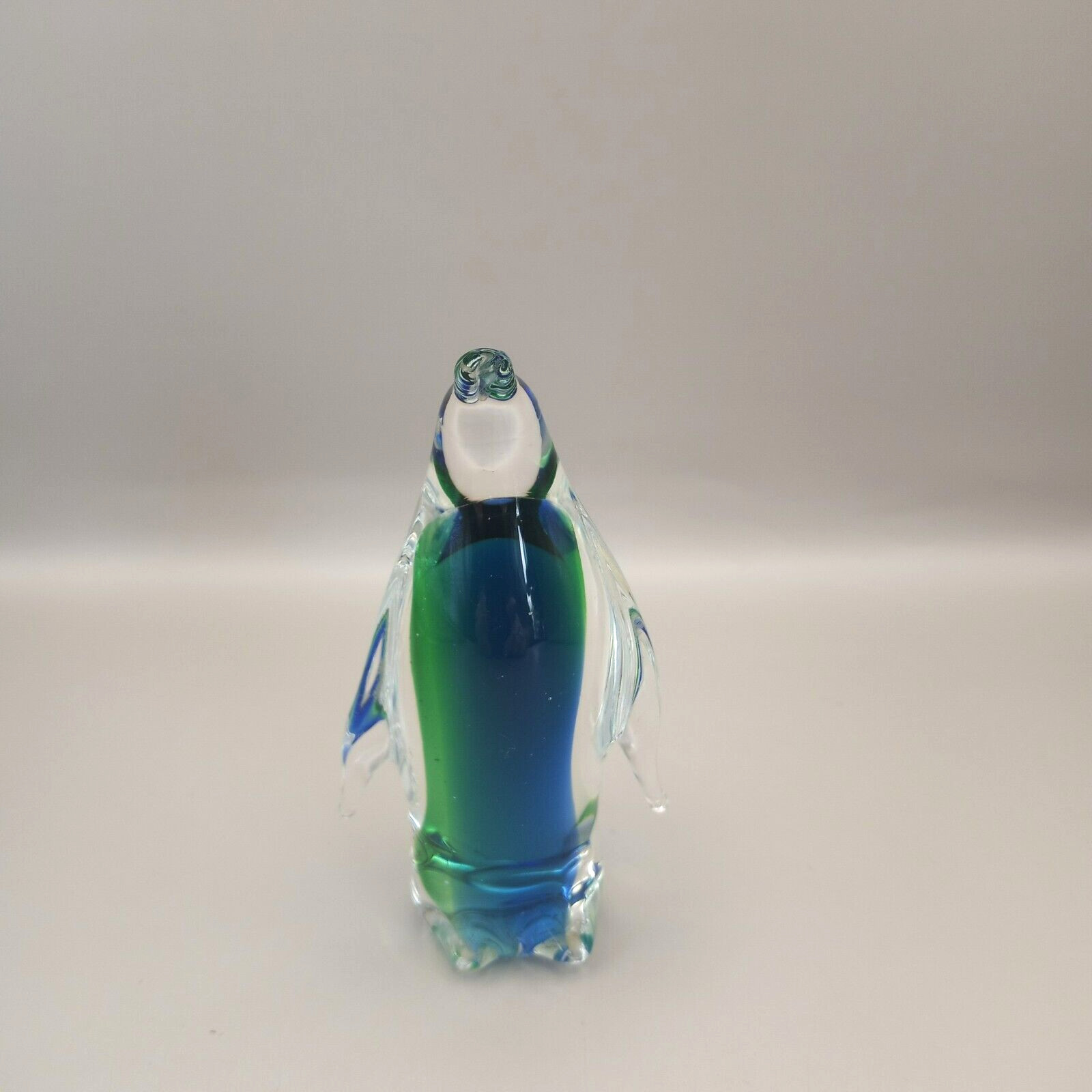 Hand Blown Art Glass Penguin Green Blue Clear Approx. 4″ Tall