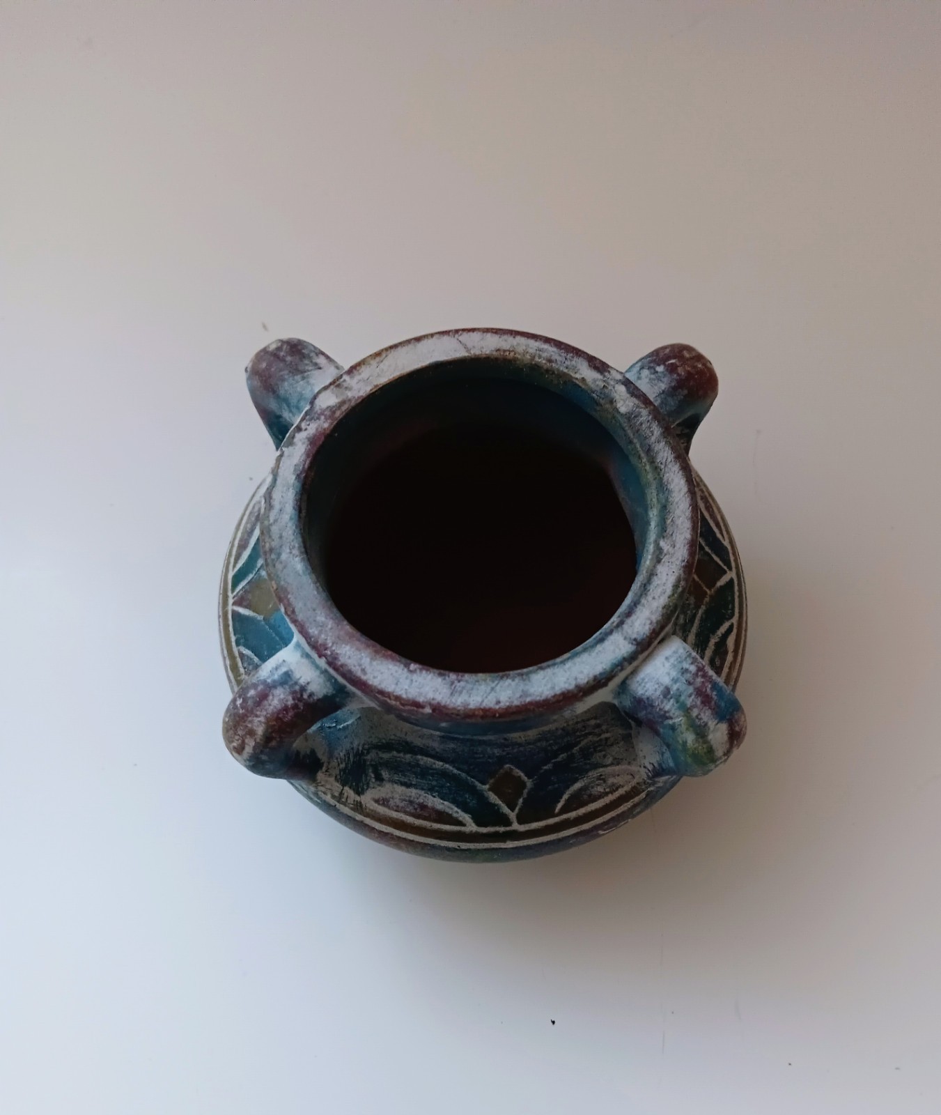 Handmade Small Ceramic Vase Distressed Blue & Purple Etched Floral Design…
