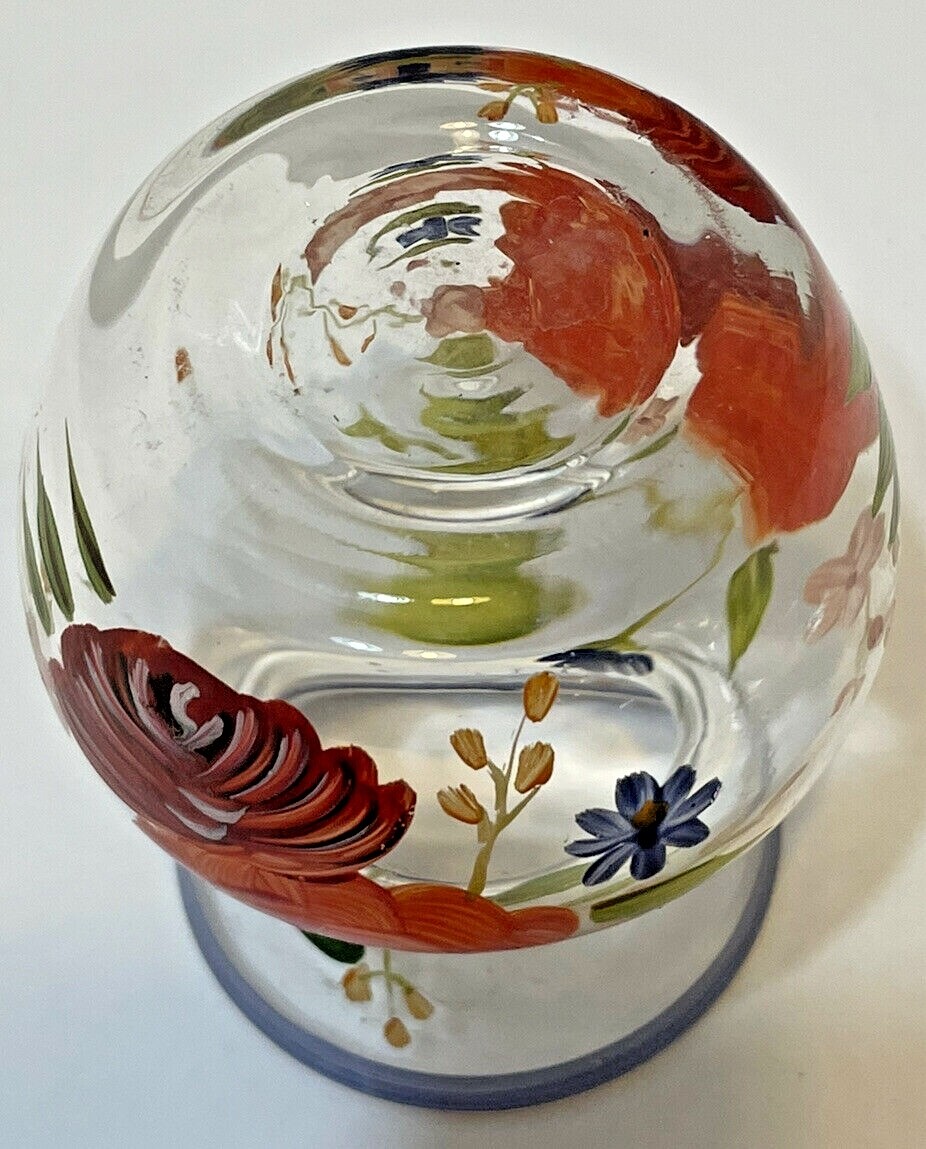 Vintage Small Hand Painted Floral Clear Glass Bud Vase 3 Inches Tall