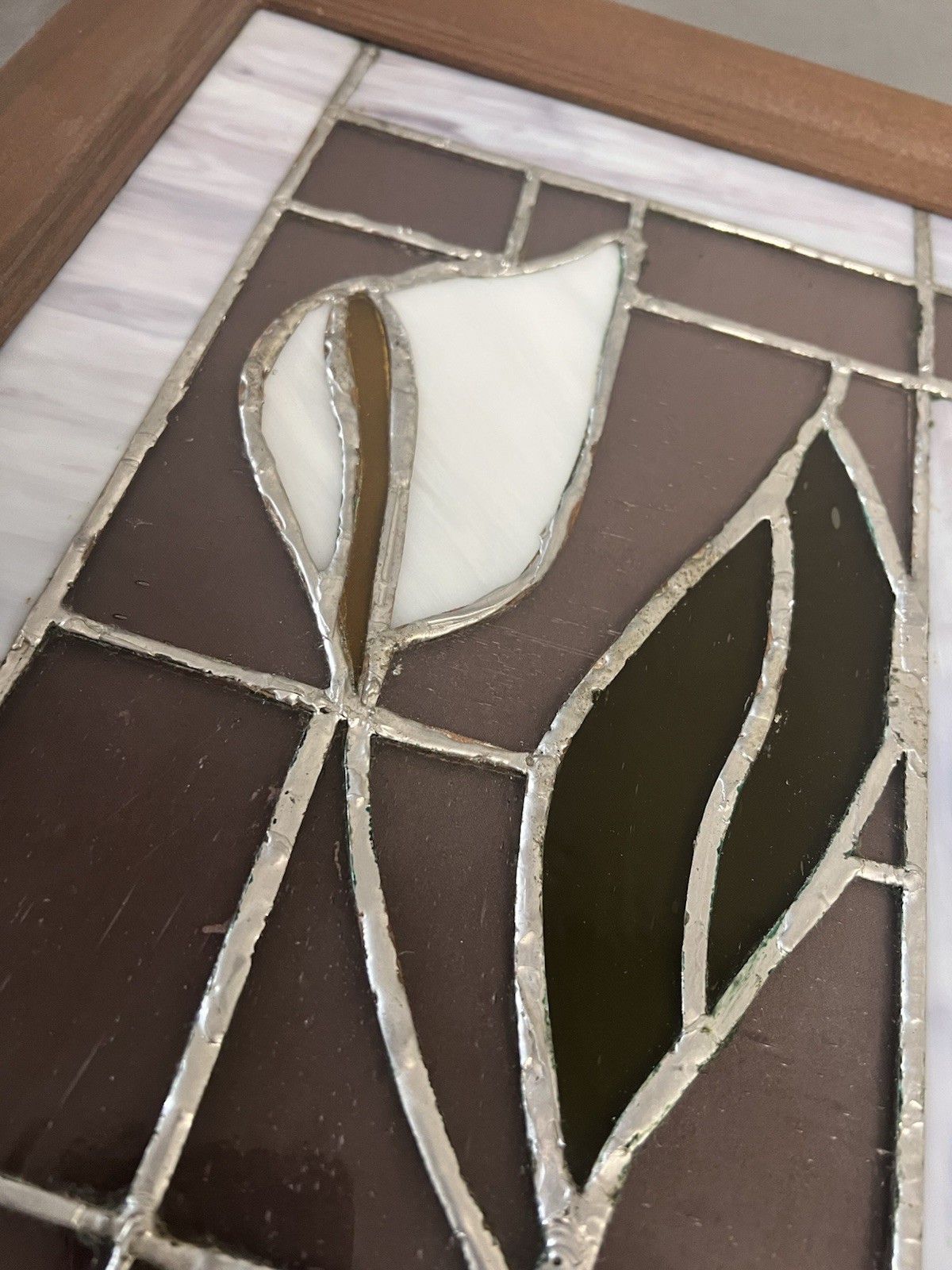 VTG Stained Glass Calla Lily W/ Mirror In Original Wood Frame 19.5×22.5×1”